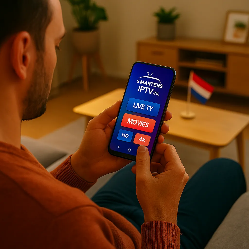 Man bekijkt Nederlandse IPTV op smartphone met Smarters IPTV-app – Live TV, films, HD & 4K