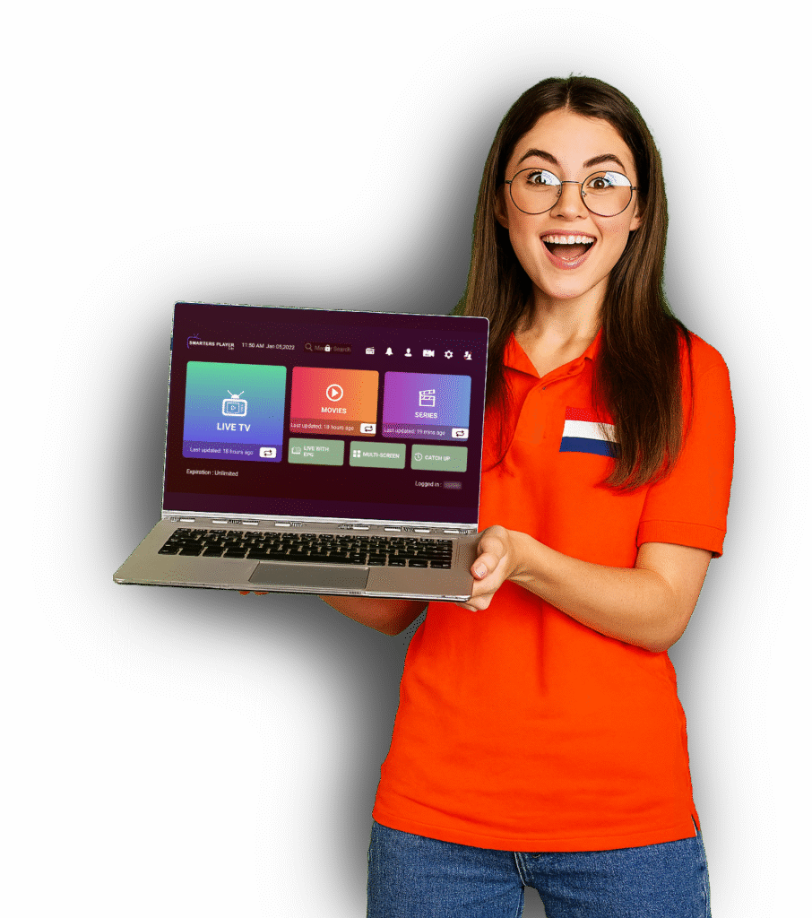 Vrouw met Nederlandse vlag op shirt toont IPTV Smarters Pro interface op laptop – beste IPTV Nederland in HD en 4K