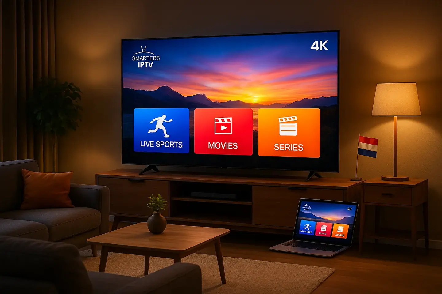 IPTV Smarters Player interface met Live Sports, Films en Series in 4K, ideaal voor IPTV Abonnement Nederland en beste IPTV-ervaring.