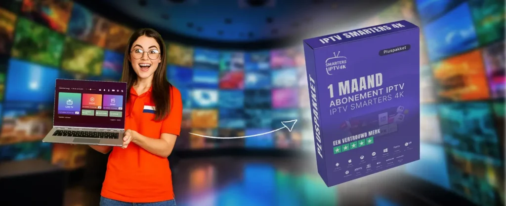 beste IPTV Abonnement 1 maand met Smarters IPTV 4K – Nederlandse vrouw toont IPTV-app op laptop naast IPTV Smarters pakket. Beste IPTV 2025, flexibel proefabonnement voor Smart TV, Android, iOS en PC