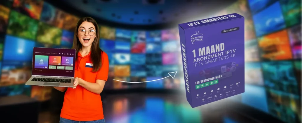 IPTV Abonnement 1 maand met Smarters IPTV 4K – Nederlandse vrouw toont IPTV-app op laptop naast IPTV Smarters pakket. Beste IPTV 2025, flexibel proefabonnement voor Smart TV, Android, iOS en PC
