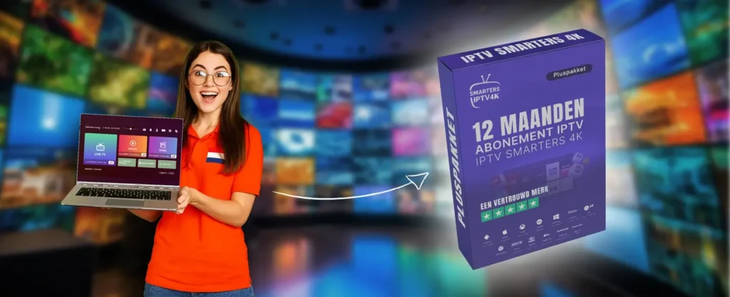 beste IPTV Abonnement 12 maanden met Smarters IPTV 4K – Nederlandse vrouw toont IPTV-app op laptop naast IPTV Smarters pakket. Beste IPTV 2025, flexibel proefabonnement voor Smart TV, Android, iOS en PC