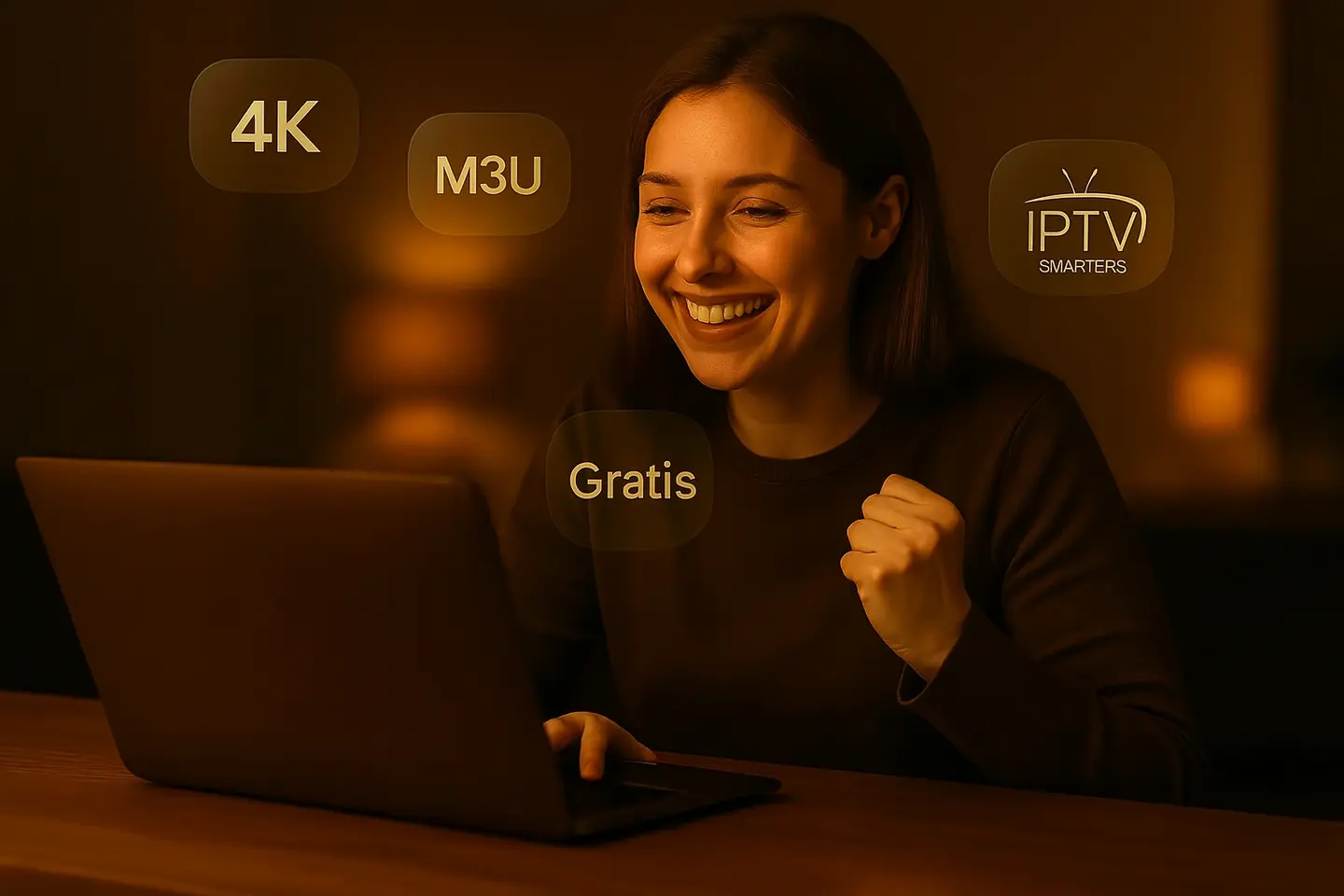 Blije vrouw met laptop die IPTV Smarters Pro gratis gebruikt, inclusief gratis IPTV app en m3u-lijsten