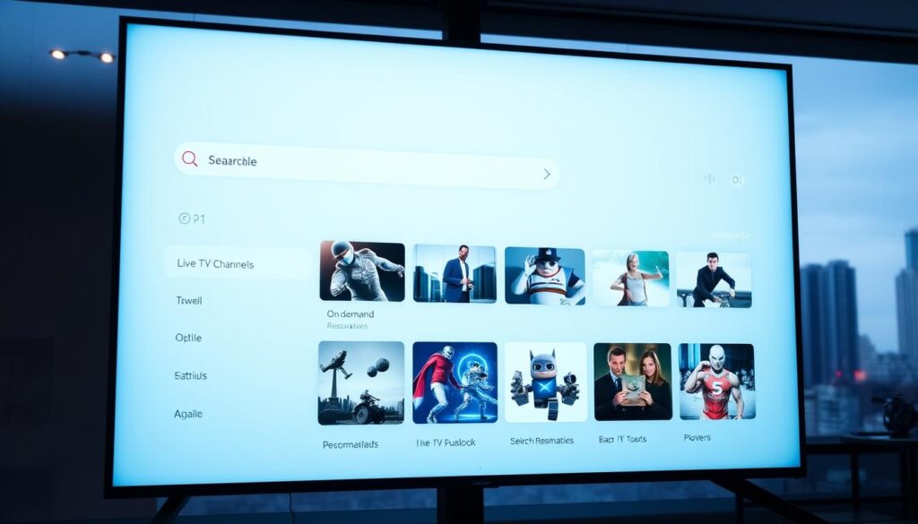 Een tv-gebruikersinterface die IPTV kopen, live tv-kanalen, on-demand inhoud en een zoekfunctie toont.