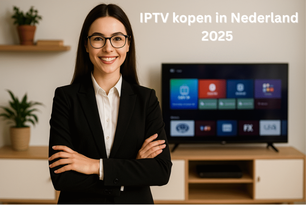 IPTV kopen in Nederland 2025" weergegeven in vet wit lettertype tegen een vervaagde achtergrond met een tv die kleurrijke app-pictogrammen toont, omringd door planten.