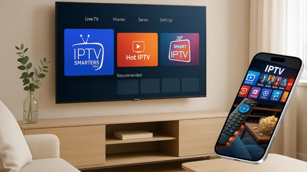 IPTV Smarters Pro-interface weergegeven op een tv en mobiel apparaat met een afstandsbediening in de hand, met opties voor live tv, films, series en muziekstreaming.