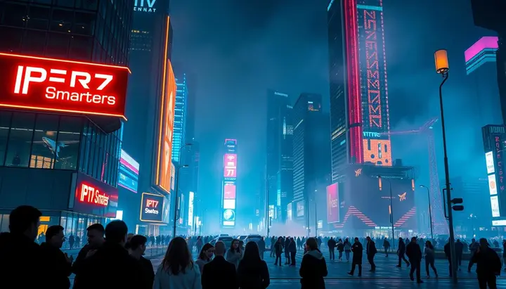 Nachtelijk stadsbeeld met grote neonreclames waarop “IPTV Smarters” verschijnt, omringd door mensen in een druk stadsplein