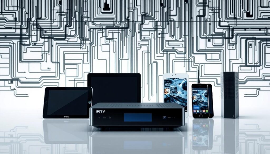 Meerdere televisieschermen die IPTV-inhoud weergeven, met een vezeloptisch thema en schilderachtige windmolens in Nederland, representeren de beste IPTV aanbieders Nederland