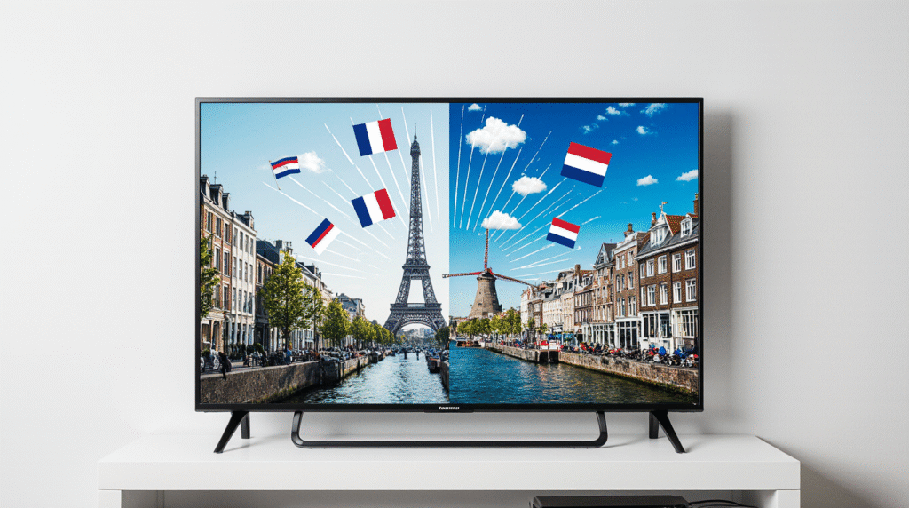 Beste IPTV in Nederland 2026: realistische stadsscene met IPTV en streaming symbolen