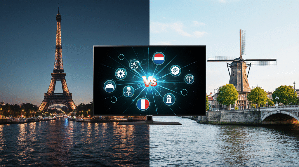 este IPTV in Frankrijk 2026: moderne stadsgezichten met streaming en IPTV-iconen