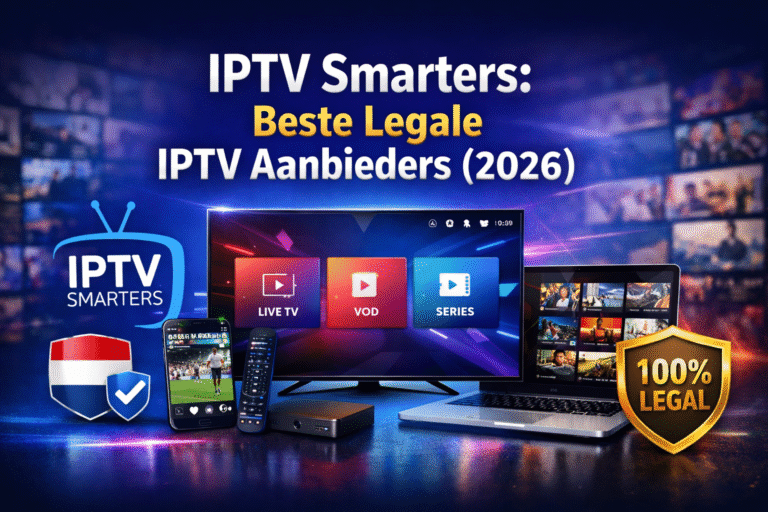 IPTV Smarters interface met smart TV, smartphone en laptop die legale IPTV aanbieders tonen in 2026
