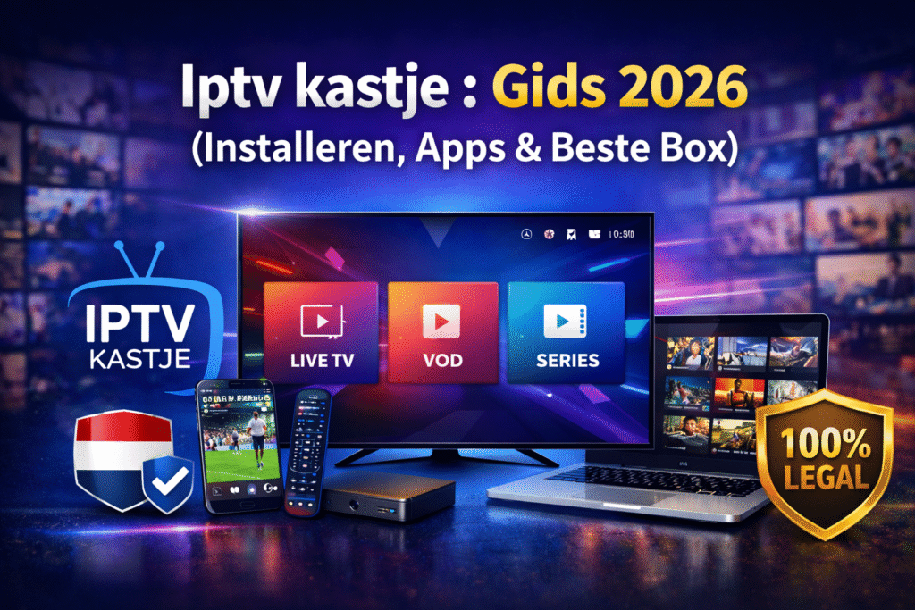Iptv kastje gids 2026 met smart tv, IPTV box, smartphone en laptop voor installeren, apps en beste box kiezen