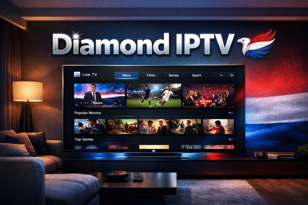 Diamond IPTV afgebeeld op een moderne tv in een luxe woonkamer met Nederlandse kleuren en premium IPTV-interface