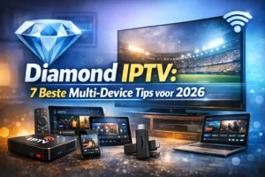 Diamond IPTV blog thumbnail met tv, smartphone, tablet en streamingapparaten voor multi-device gebruik in 2026