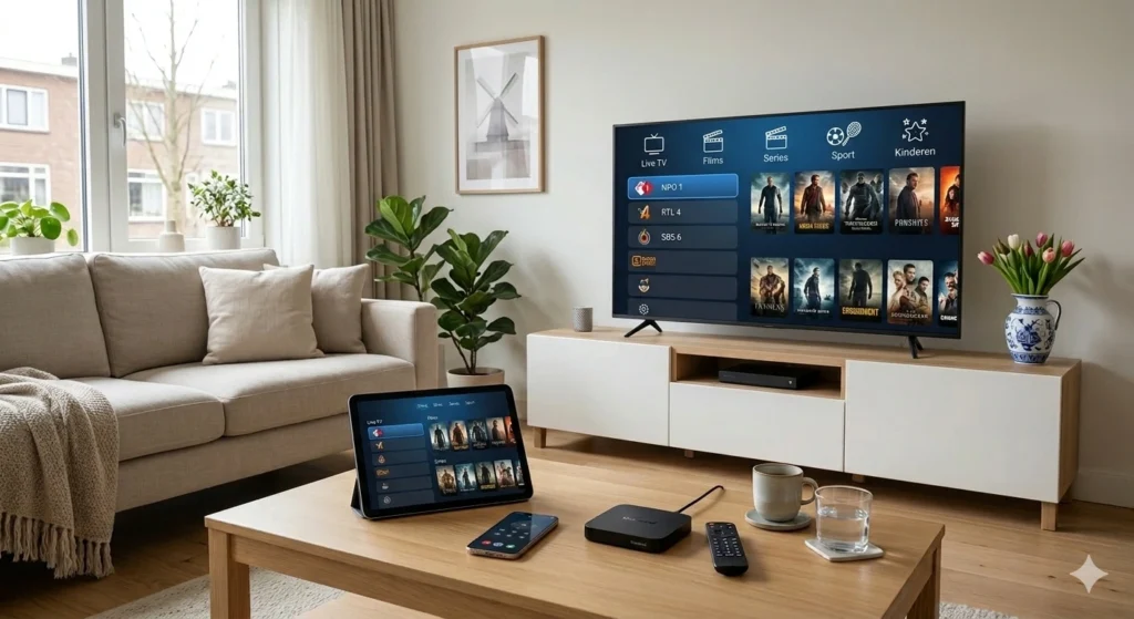 Diamond IPTV op Smart TV, tablet en smartphone in een moderne woonkamer in Nederland