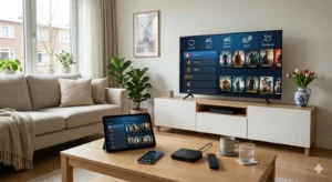 Diamond IPTV op Smart TV, tablet en smartphone in een moderne woonkamer in Nederland
