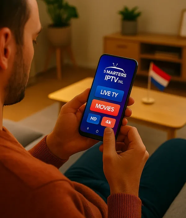 Man bekijkt Nederlandse IPTV op smartphone met Smarters IPTV-app – Live TV, films, HD & 4K