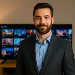 Professionele man poseert voor tv-scherm met IPTV Smarters – beste IPTV Nederland, IPTV Smarters 4K, IPTV abonnement, Nederlandse IPTV, Dutch IPTV