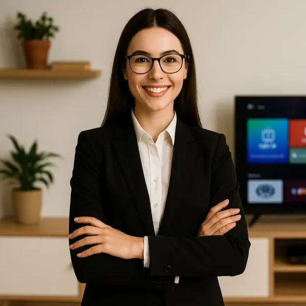 Professionele vrouw poseert voor tv met IPTV Smarters – IPTV Smarters 4K, IPTV abonnement, beste IPTV Nederland, Nederlandse IPTV, Dutch IPTV